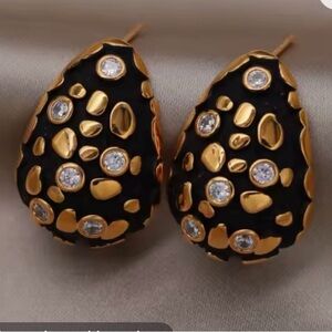 Gold and Black Teardrop Earrings with Crystal Accents